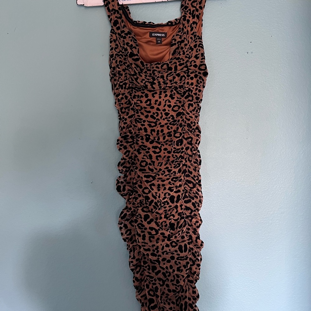 Express Black and Brown Ruched Bodycon Midi Dress